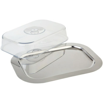 Поднос прямоуг.с крыш.; полистирол,сталь нерж.; H=8.5,L=44,B=31см; металлич.,прозр.