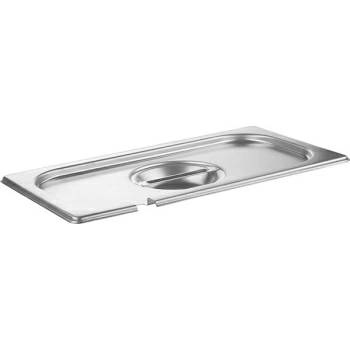 Фото Крышка для гастр-ти (1/3) вырез для ложки; сталь нерж.; H=3,L=33,B=18см; металлич. Крышка для гастр-ти (1/3) вырез для ложки; сталь нерж.; H=3,L=33,B=18см; металлич.
