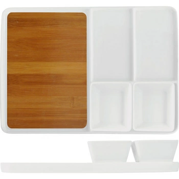 Блюдо для стейка/сыра с соусниками [2шт]; бамбук,фарфор; H=60,L=335,B=235мм