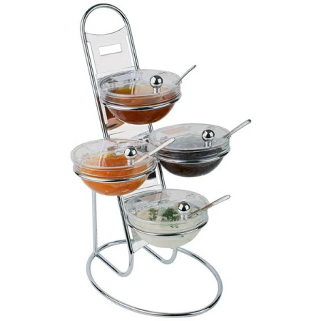 Этажерка + 4 салатника с крыш. d=14см; сталь хромир.,стекло; H=48,L=30,B=30см; металлич.,прозр.