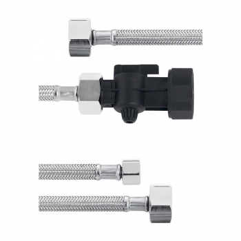 Комплект шлангов №1: Вход. с запорным краном. G1 - G3/8 + шланг, вых. G3/4 - G3/8,  DN8, 2 метра, нержавеющий металл, супергибкость