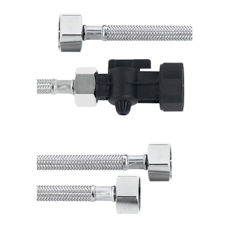 Фото Комплект шлангов №2: Вход. с запорным краном G1 - G3/4 + Вых.G3/4 - G3/4, DN8, 2 метра, нержавеющий металл, супергибкость Комплект шлангов №2: Вход. с запорным краном G1 - G3/4 + Вых.G3/4 - G3/4, DN8, 2 метра, нержавеющий металл, супергибкость