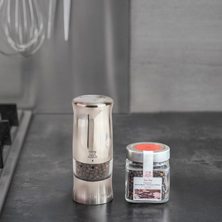 Мельница для перца электрич.(батарейки); пластик,сталь нерж.; H=14см; серебрист.