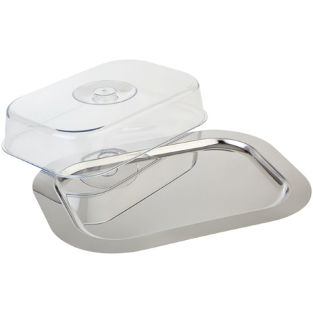 Поднос прямоуг.с крыш.; полистирол,сталь нерж.; H=8.5,L=44,B=31см; металлич.,прозр.